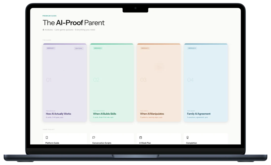 The AI-Proof Parent Guide shown on a laptop