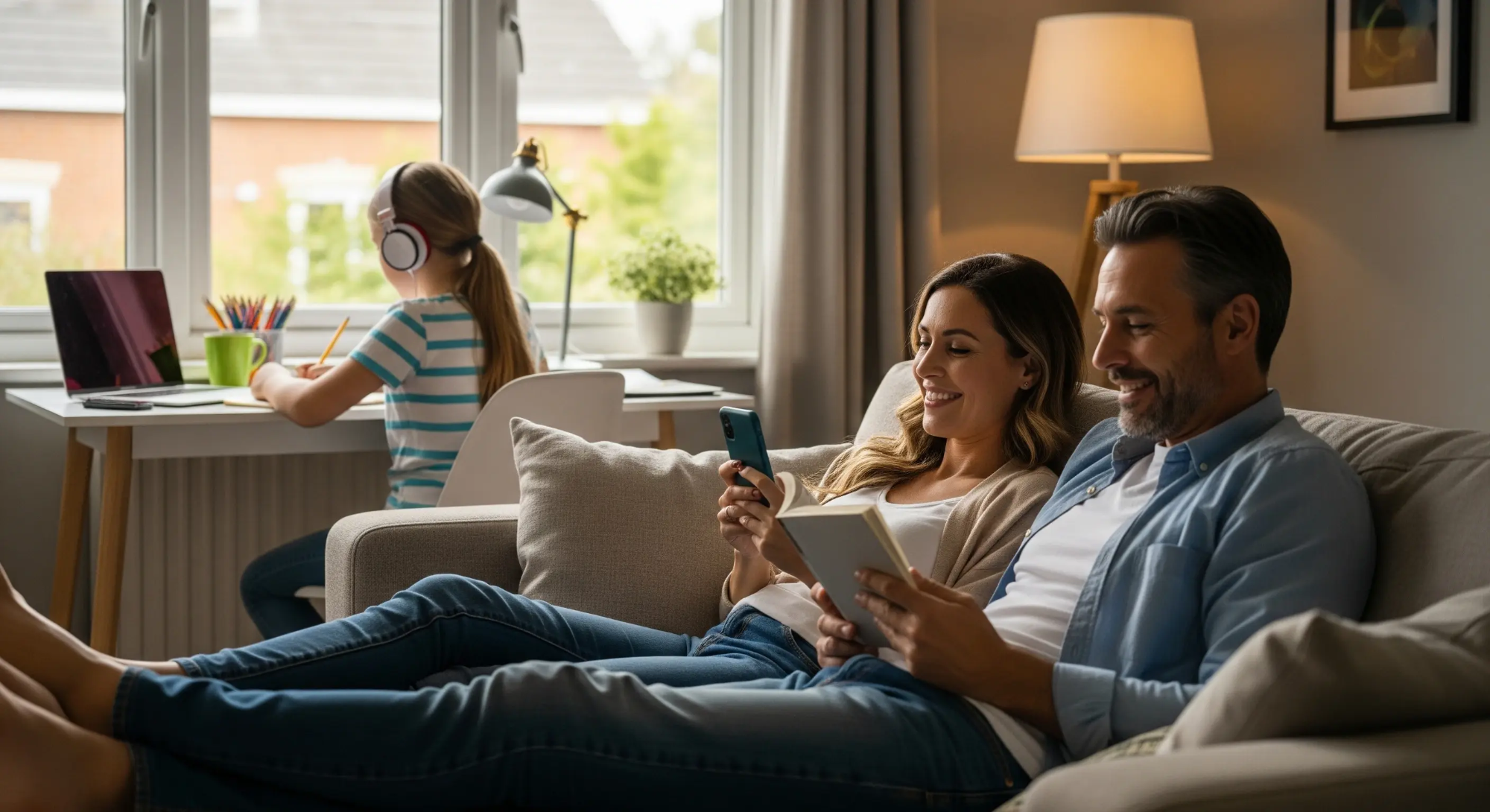 Happy family enjoying quality time together - parents reading on couch while child does homework
